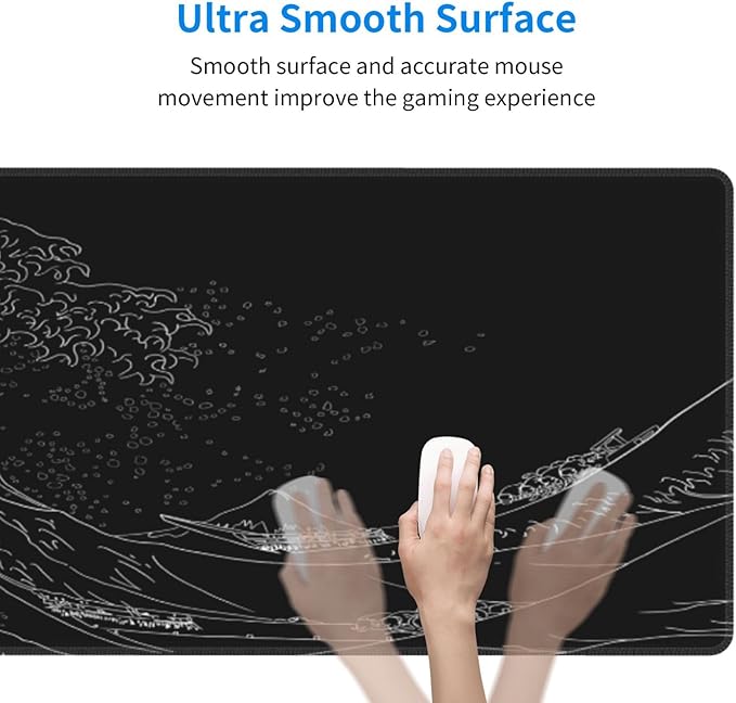 Japanese Sea Wave Large Mouse Pad, Anime Black Gaming, Extended Kanagawa Mat Desk Pad, 3mm Thick Long Non-Slip Rubber Base Mice Pad, 31.5 X 11.8 Inch