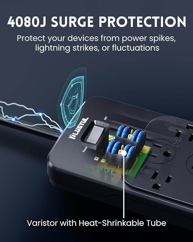 Surge Protector Power Strip 10FT(4080J), PLUGTUL Surge Protector with 12 Outlets - Spacious Design for Large Plugs, Flat Plug, 20W USB C Charging for Home, Office, ETL Listed