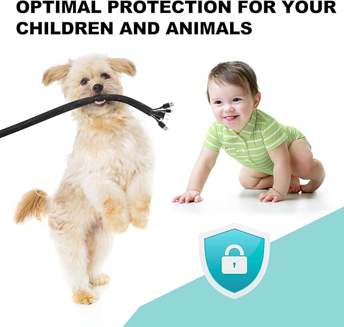 AGPTEK Cable Sleeve Cover, 6.6ft - 2/3 inch Desk Cord Organizer Cable Hider, Home Office Wire Management Computer TV Wire Loom Tubing, Pet Proof Cord Protector, from Cat Dog Chewing, Black