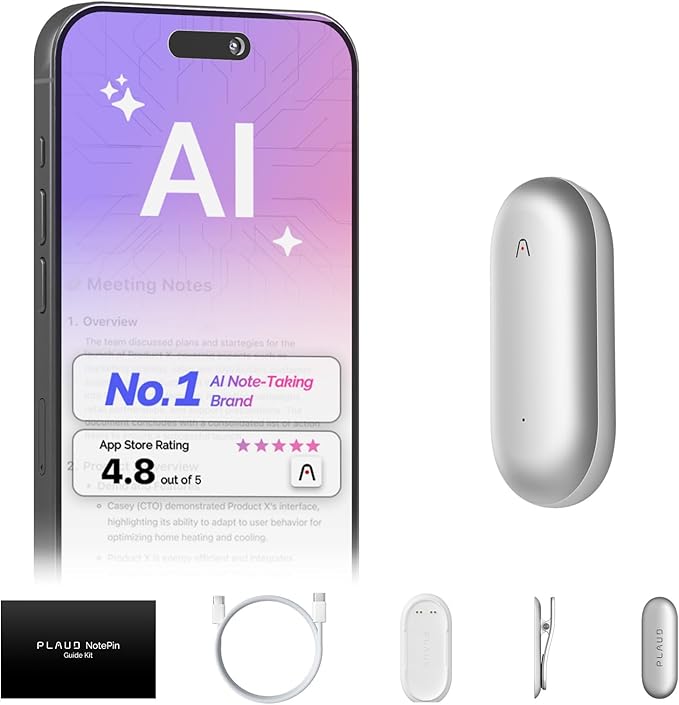 NotePin Voice Recorder, AI Voice Recorder, App Control, AI Notetaker, AI Transcribe & Summarize, Support 112 Languages, 64GB Memory, Audio Recorder for Lectures, Meetings, Lunar Silver