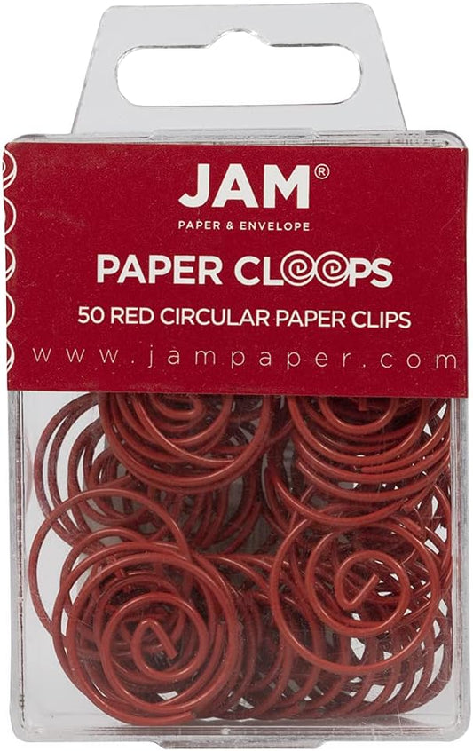 JAM PAPER Circular Paper Clips - Round Paperclips - Red - 50/Pack
