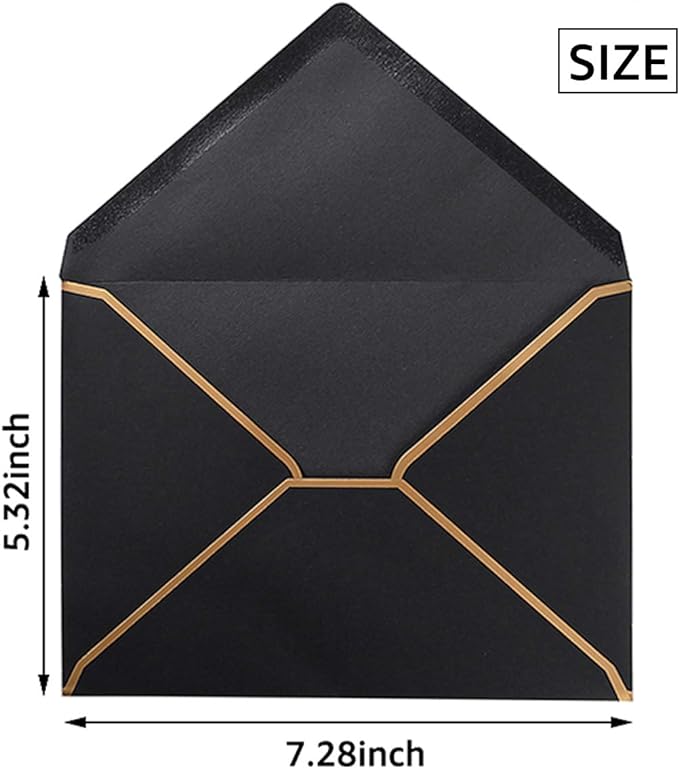 100 Pack A7 Envelopes 5 x 7 Card Envelopes V Flap with Gold Border for Office, Wedding Gift Cards, Invitations, Graduation, Baby Shower, Parties (5.32 x 7.28 Inches, Black)