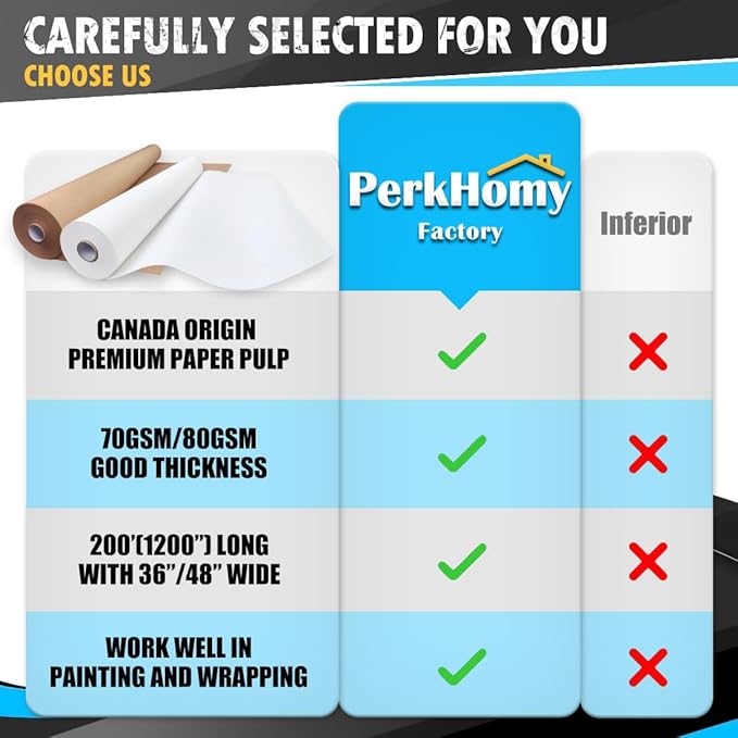 PerkHomy 48" x 2,400" (200') Brown Kraft Paper Roll for Craft Bulletin Board Paper Art Table Covering Crafting Gift Wrapping Bouquet Packing Parcel 70GSM 50LB (Brown, 48" x 200')