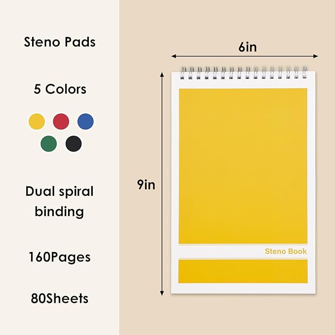 LABUK Steno Pads 6x9in10 Pack, Top Spiral Steno Notebooks, 80 Sheets Note Pads Assorted Color Gregg Rule for School, University, College, Work, Office
