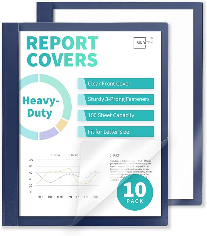 Binditek 10 Pack Heavy-Duty Clear Front Report Covers with 3 Prongs, 100-Sheet Capacity, Plastic Report Folder with Navy Back Covers, 3 Metal Prongs Fasteners, for Letter Size, Office Supplies