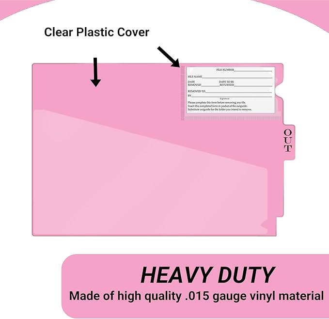 Doctor Stuff - Center Tab Vinyl Out Guides, Diagonal Cut Front Pocket, Top Charge Out Slip Pocket, Plastic File Folder, Letter Size 9" x 13-1/4", Pink, 100/Box