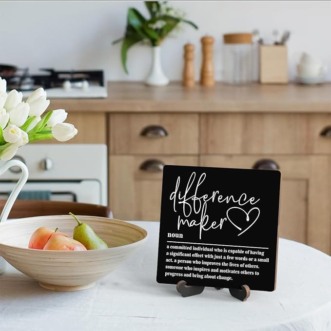 Wooden Table Sign Gift Difference Maker Definition Desk Decor Wood Plaque With Stand Unique Gift Ideas for Boss Women Best Mom Coworker Teacher Office(Black)-A03