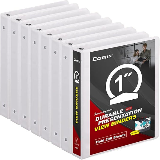COMIX Sturdy 3 Ring Binder 1 inch with Clear View Cover, 1" Round Ring View Binder, PVC-Free, 200 Sheets Capacity of US Letter Size Paper, Office ＆ School Supplies, 8 Pack (White)