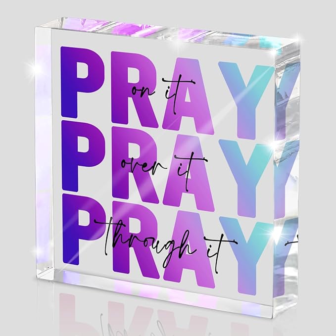 Inspirational Decor, Multicolor Dorm Room Decor for Women, Desk Decorations for Office, Ideal Christian Gifts for Women - Pray On It, Pray Through It - Bible Verse Desk Art, 4 x 4 inch