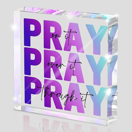 Inspirational Decor, Multicolor Dorm Room Decor for Women, Desk Decorations for Office, Ideal Christian Gifts for Women - Pray On It, Pray Through It - Bible Verse Desk Art, 4 x 4 inch