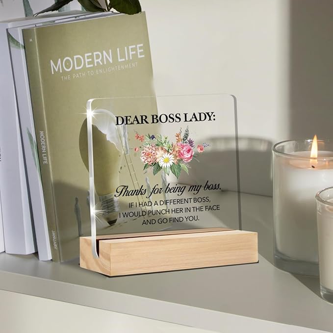 Boss Gifts for Women Dear Boss Lady Clear Desk Decorative Sign Appreciation Boss Lady Gift Floral Acrylic Sign with Stand Table Plaque Sign Keepsake