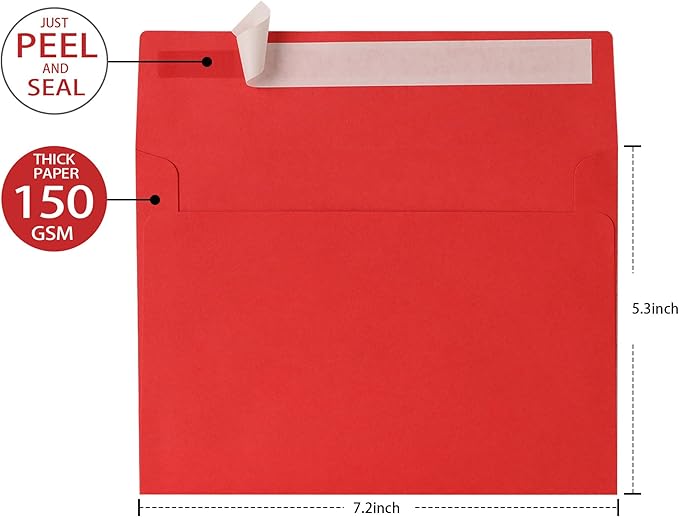 Red Envelopes 5x7 Inch, 50 Pack, Self Seal A7 Envelopes for Valentine, Invitations, Wedding, Birthday, Personalize Gift, Postcard, suitable for 5x7 Greeting Cards, 120gsm Thick Paper