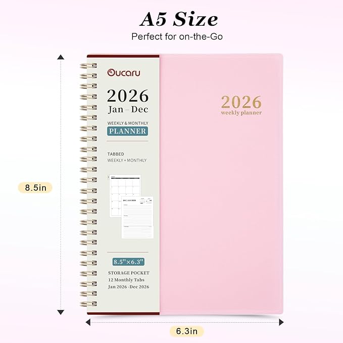 Oucaru 2026 Planner, Weekly and Monthly Planning Calendar, Jan 2026 - Dec 2026, 6.3" x 8.5", Spiral Bound, 12 Habit Trackers & Monthly Tabs, 2 Storage Pockets, Perfect for Office Home School Supplies