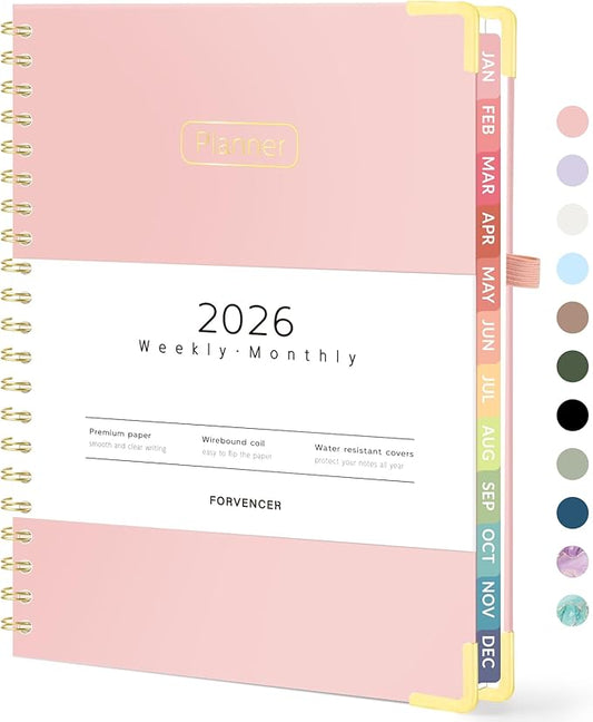 Forvencer 2026 Planner, Hardcover Calendar Planner Weekly and Monthly, January 2026 - December 2026, 8.5" x 11", Spiral Agenda Book with Tabs, Exquisite Daily Journal with Inner Pocket, Organizer Notebook for Office Home School, A4 Size, Pink