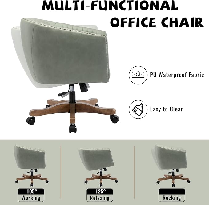 Green Faux Leather Home Office Desk Chair, Upholstered Barrel Swivel Adjustable Arm Desk Chair with Nailheads, Comfy Mid-Back Study Chair with Silent Wheel for Study Office Computer