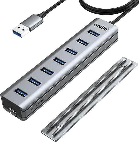 USB Hub 3.0, atolla 7-Port USB Hub Splitter with Sliding Rails for Fixing to Table/Host/Tile Wall Edges, Compatible with MacBook, Laptop, Surface Pro, PS4, PC, Flash Drive, Mobile HDD