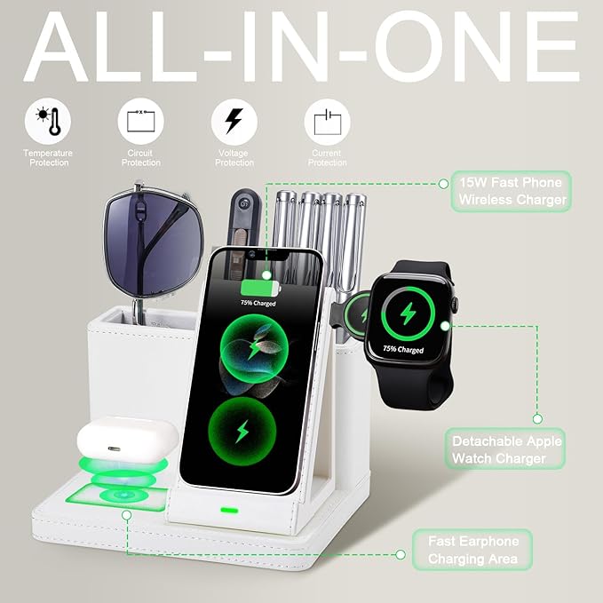 Leather Desk accessories Pen Holder with 3-in-1 Wireless Charger for Phone, Earbuds, Watch Multifunctional Desktop Phone Stand for Office and Home,birthday gifts,gifts for him (white)