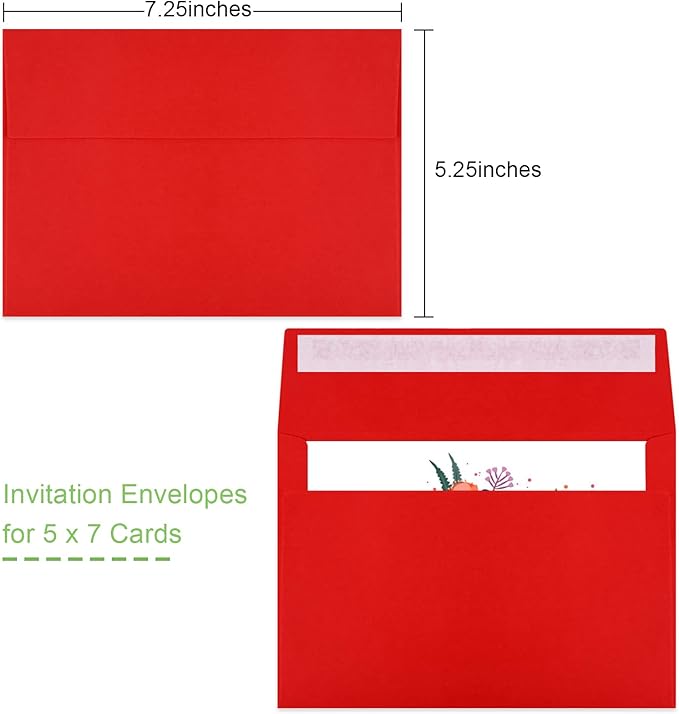 50 Pack 5x7 Envelopes - Self Seal for Weddings, Invitations, Photos, Greeting Cards & Mailing (Red)