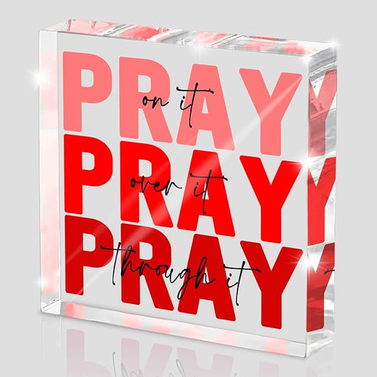 Red Dorm Room Decor for Women, Ideal Christian Gifts for Women - Pray On It,Pray Over It - Bible Verse Desk Art, Inspirational Decor, Desk Decorations for Office, 4 x 4 inches（Red）