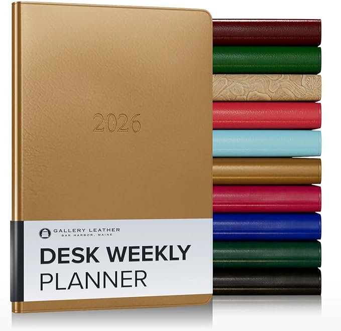 Gallery Leather Desk Weekly Monthly Planner 2025-2026, Elegantly Bound Calendar Planner and Notebook with Stylish Gold-Gilded Page Edges, 12 Months - Freeport Metallic Gold - 8 x 5.5 "