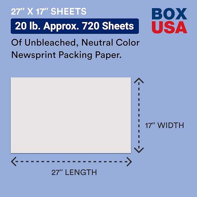 BOX USA Newsprint Packing Paper Sheets 720 Sheets (20 lbs.) Pre-Cut 27" x 17" Large Packing Paper Sheets for Moving, Shipping & Storage, Perfect Moving Supplies
