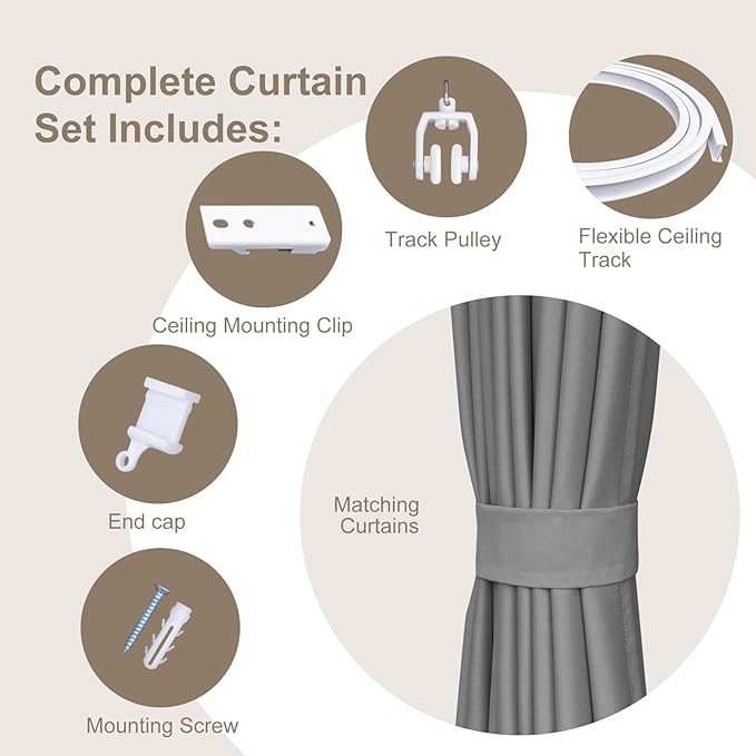 Room Divider Curtains & Flexible Bendable Tracks Set,Privacy Dividers Ceiling Track Curtain Window Blackout Curtains for Living Room Bedroom (W120 × H84 in 1 Panel Grey Drape & White Rail)