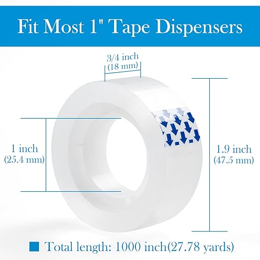 12 Rolls Clear Tape, Transparent Tape Refills for Dispenser, 1 Inch Core, 3/4 x 1000 Inches, Strong Adhesive for Gift Wrapping, Office, School, Home, Desk Supplies & Crafts