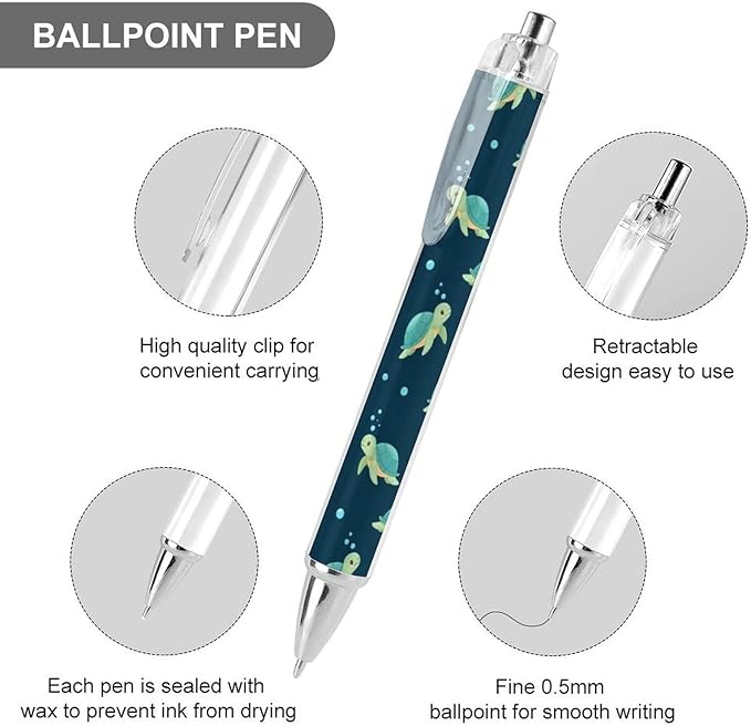 2 Pcs Sea Turtles Green Pens with Refillable Black Ink, 0.5mm Retractable Ballpoint Pens Cute Ballpoints Pen for Home Accessories Stationary