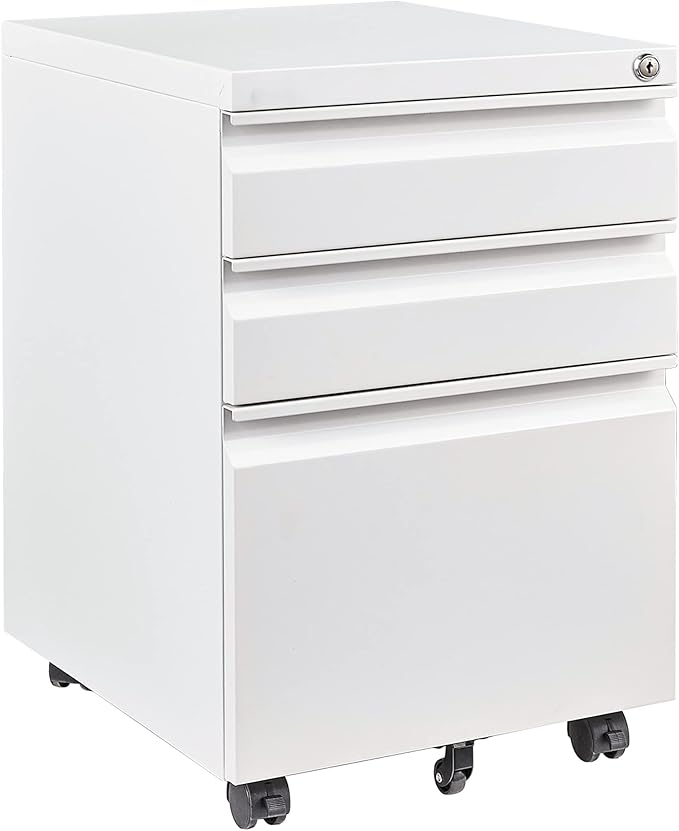 3 Drawer File Cabinet with Wheels,Under Desk File Cabinet with Lock,White Rolling Filing Cabinet,Three Drawer Metal Filing Cabinets for Home Office,Fit A4/Letter/Legal,Fully Assembled Except Casters