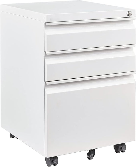 3 Drawer File Cabinet with Wheels,Under Desk File Cabinet with Lock,White Rolling Filing Cabinet,Three Drawer Metal Filing Cabinets for Home Office,Fit A4/Letter/Legal,Fully Assembled Except Casters