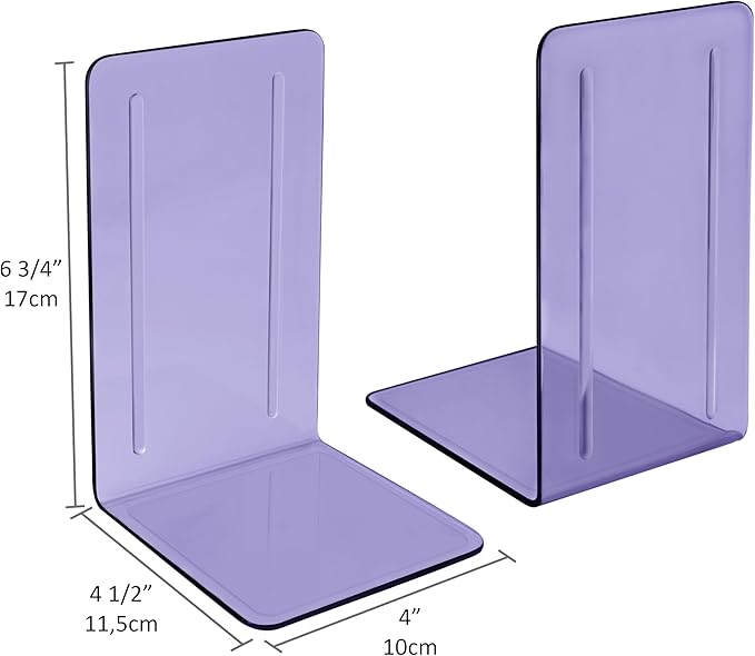 Acrimet Bookends 1 Pair, Clear Plastic Bookends for Shelves or Desktop, Book Holder for Home, Office, Library, School (Clear Purple Color)
