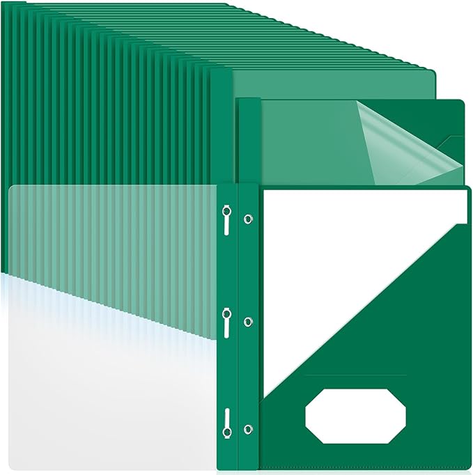 Patelai 48 Pcs Plastic Folders with 2 Pockets and 3 Prongs Home Folders with Card Slot Letter Size Heavy Duty Report Covers for Back to School(Green,Simple Style)