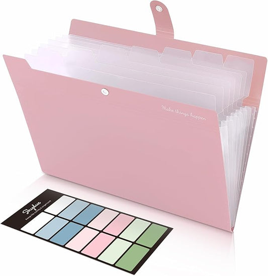 SKYDUE 8 Pockets Expanding File Folders, Accordion Folders, Portable Paper Bill Receipt Organizer, Letter Size, Home College School Office Supplies, Pink