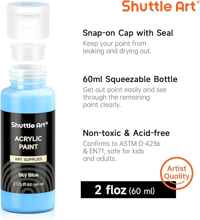 Shuttle Art Acrylic Paint, 50 Colors Acrylic Paint Set, 2oz/60ml Bottles, Rich Pigments, Water Proof, Premium for Artists, Beginners and Kids on Canvas Rocks Wood Ceramic Fabric