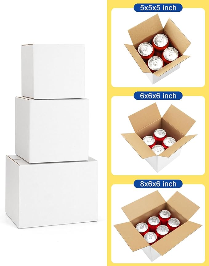Assorted-Sizes-Shipping-Boxes-45-Pack: 5x5x5 & 6x6x6 & 8x6x6 Small-Shipping-Boxes-Mailers, White Corrugated-Cardboard-Boxes-for-Packing-Small-Business Mailing