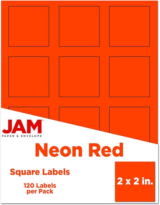 JAM PAPER Product & Container Labels - Square - 2 x 2 - Neon Deep Red/Orange - 120/Pack