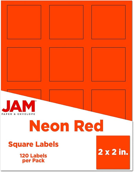 JAM PAPER Product & Container Labels - Square - 2 x 2 - Neon Deep Red/Orange - 120/Pack
