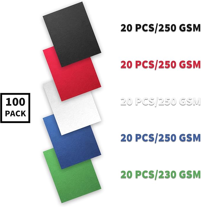 Binditek 100 Pack 13Mil Grain Texture Paper Binding Presentation Covers, 8-1/2 x 11 Inches 90lb, 250 GSM, Un-Punched, 5 Multi Colors (Black, White, Red, Green, Blue)