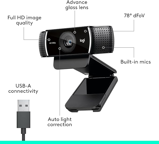 Logitech C922x HD Pro Webcam, Full HD 1080p/60fps Video, Clear Audio, HD Light Correction, PC Camera Webcam, Works with Skype, Zoom, Mac, Tablet - Black