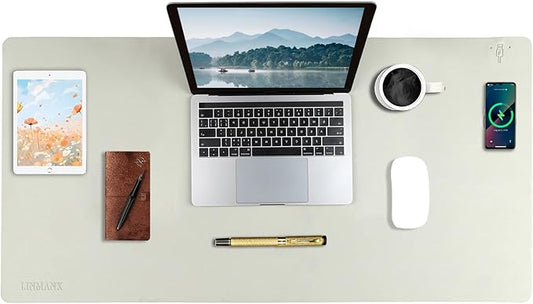 Wireless Charging Mouse Pad with for Desktop Charging Large Desk Mat 36"x17" Waterproof Gray Leather Computer Mat Mousepad Non-Slip Protector on Top of Desks for Keyboard and Mouse(Gray-R)