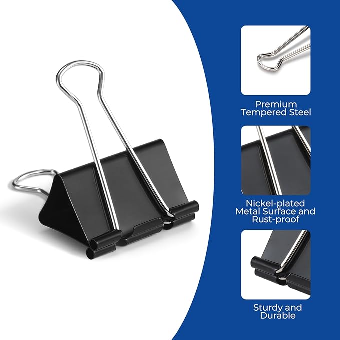 Eclirgan 1.2-Inch Medium Paper Clamp with Heavy-Duty/Rust-Resistant/Folding,96-Pack Thick Metal Binder Clip in 8 Boxes，Black Paper Clips Set for DIY/Crafts/File/Paperwork