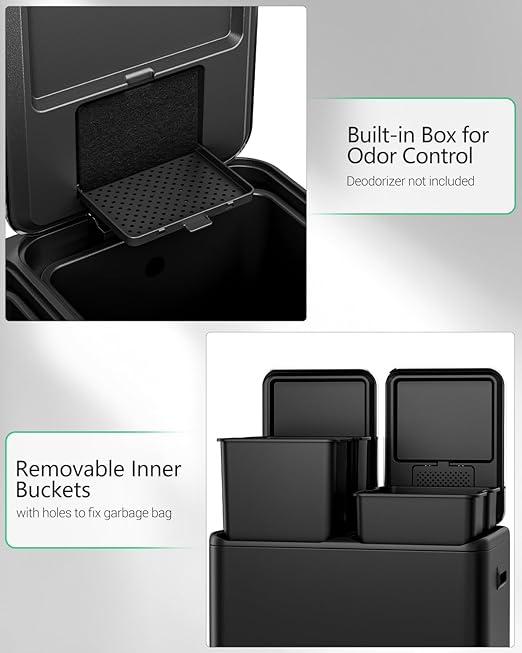 TLSUNNY Kitchen Dual Trash Can, 60L Hands-Free Stainless Steel Garbage Can, Classified Rubbish Bin with Double Compartments, Soft-Close Lid, Inner Bucket, Odor Control (60L) (Black)