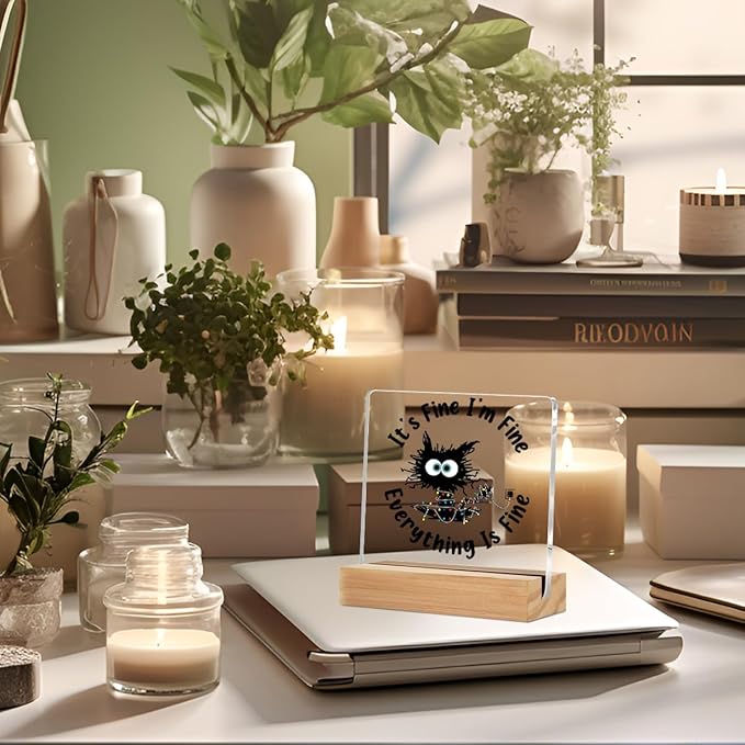 Office Decor Funny Cat Decor Acrylic Sign with Wood Stand, Funny Office Gifts Bedroom Office Living Room Desk Cubicle Table Shelf Decor, Cat Lover Gifts for Women Men Girls Coworker Friends