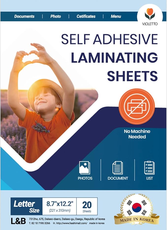 Self Stick Laminating Sheets 8.7 x 12.2 Inches, 4mil, Pack of 20, No Heat, No Machine, Peel and Stick Laminating Sheets, Self Adhesive Contact Paper, Self Sealing Clear Vinyl Stickers by VIOLLETO"