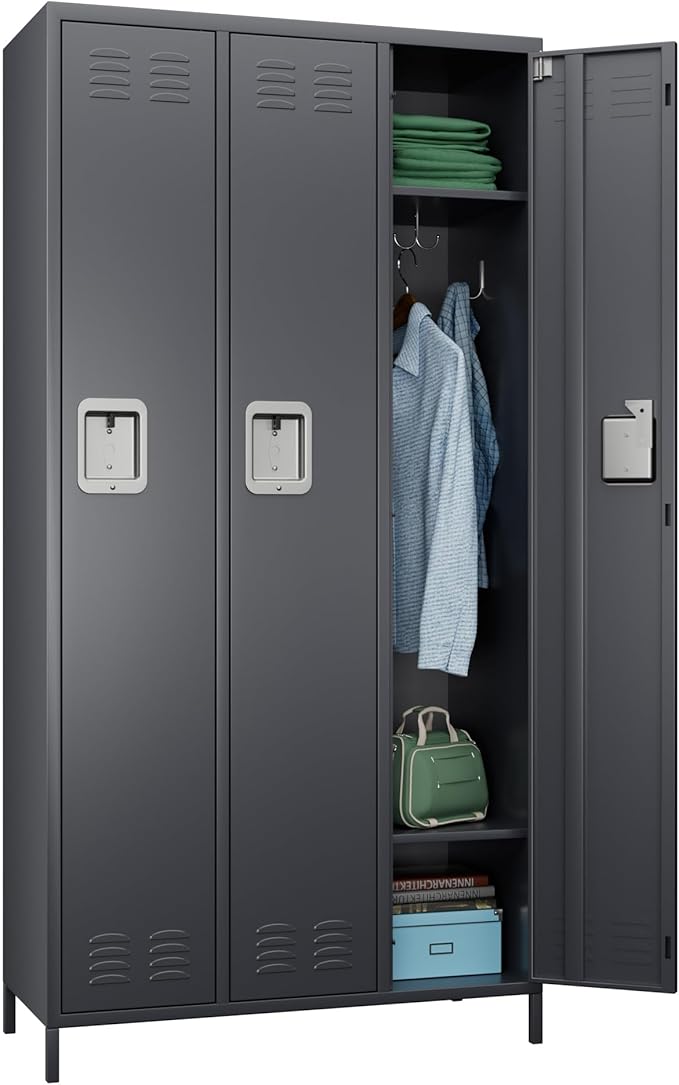 Metal Storage Locker with 3 Doors,Metal Locker for Employees with 9 Hooks for School Garage Office Gym Home,Assembly Required,Dark Grey