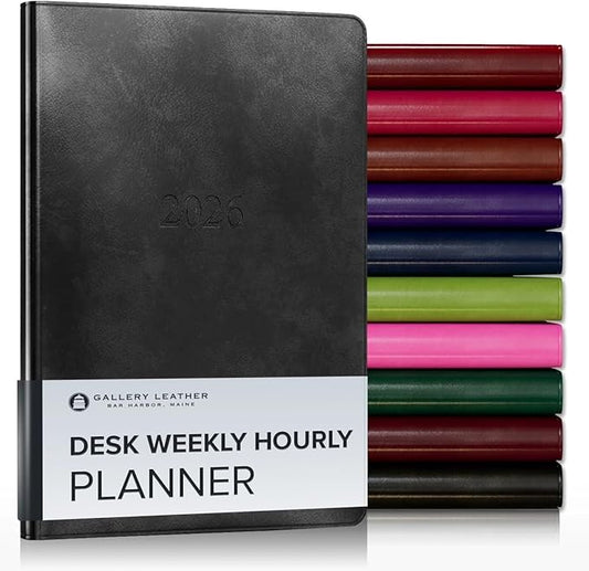 Gallery Leather Desk Hourly Weekly Monthly Planner 2025-2026, Elegantly Bound Calendar Planner and Notebook with Stylish Gold-Gilded Page Edges, 12 Months - Acadia Black - 8 x 5.5 "