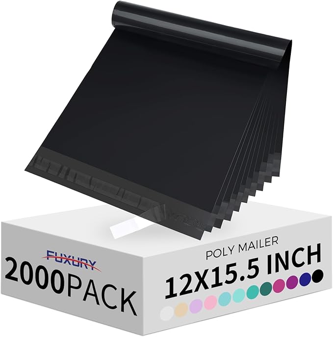 Fuxury 2000 Pcs 12x15.5" Poly Mailers,Waterproof Mailing Envelopes for Clothing, Strong Adhesive Poly Shipping Postage Bags for Small Business(Black)
