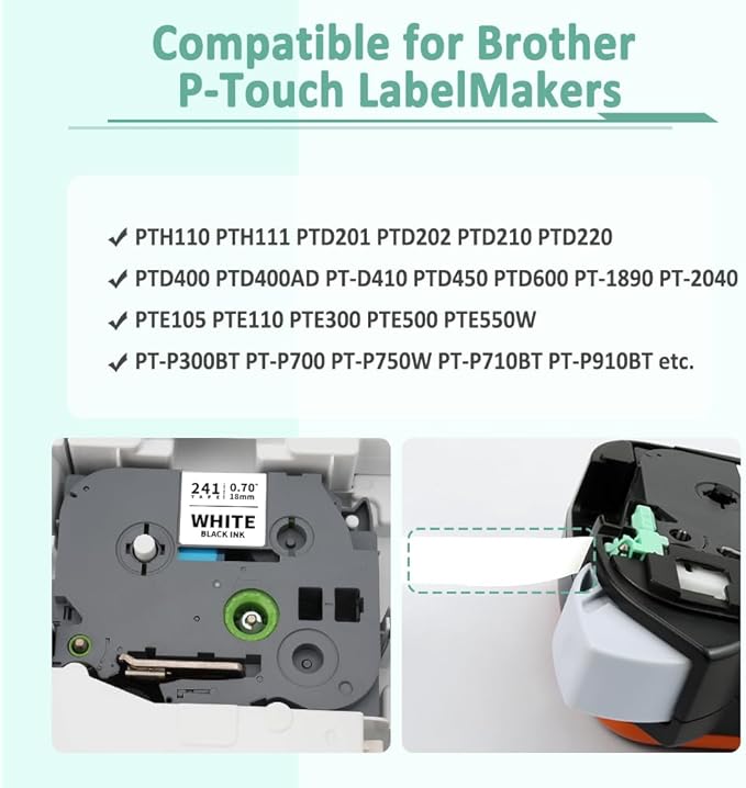10-Pack Tz 18mm 0.7" Laminated White Tape Compatible for Brother Tze-241 Tze241 Tz-241 Tz241 P Touch Tze 18mm 3/4" Label Tape for PTD410 PTD400 PTD610BT PTD600 PTD460 Label Maker
