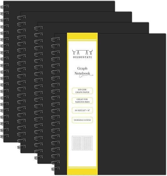 Graph Paper Spiral Notebook-A4 Grid Journal 8.5" x 11" - 4 Pack 160 Pages 100GSM Thick Paper Large Hardcover Notebooks for Note Taking Engineering Graphing Work School Supplies,Black