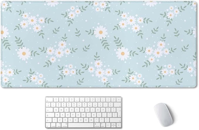 SSOIU Cute Spring Flowers Desk Mat, White Daisy Flower Mat, Extra Large Home Office Cute Accessories, Extended Mouse Pad, XXL Gaming Mouse Pad 35.5" X 15.7"